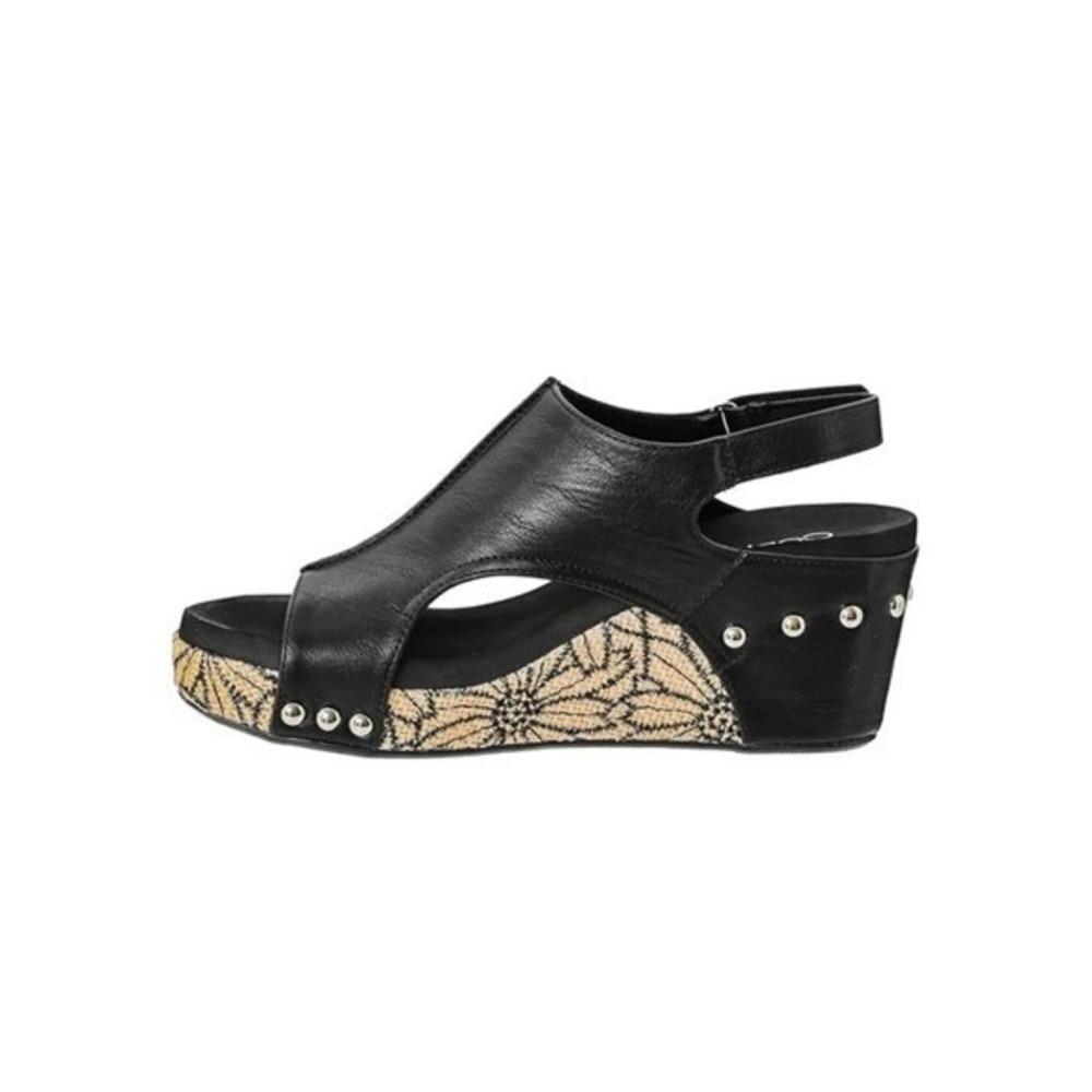 CORKYS Carley Floral Wrap Black Leather Wedge Platform Sandals Size 11 NWT